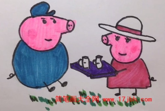 简笔画画小猪佩奇 彩色的猪爷爷猪奶奶图片